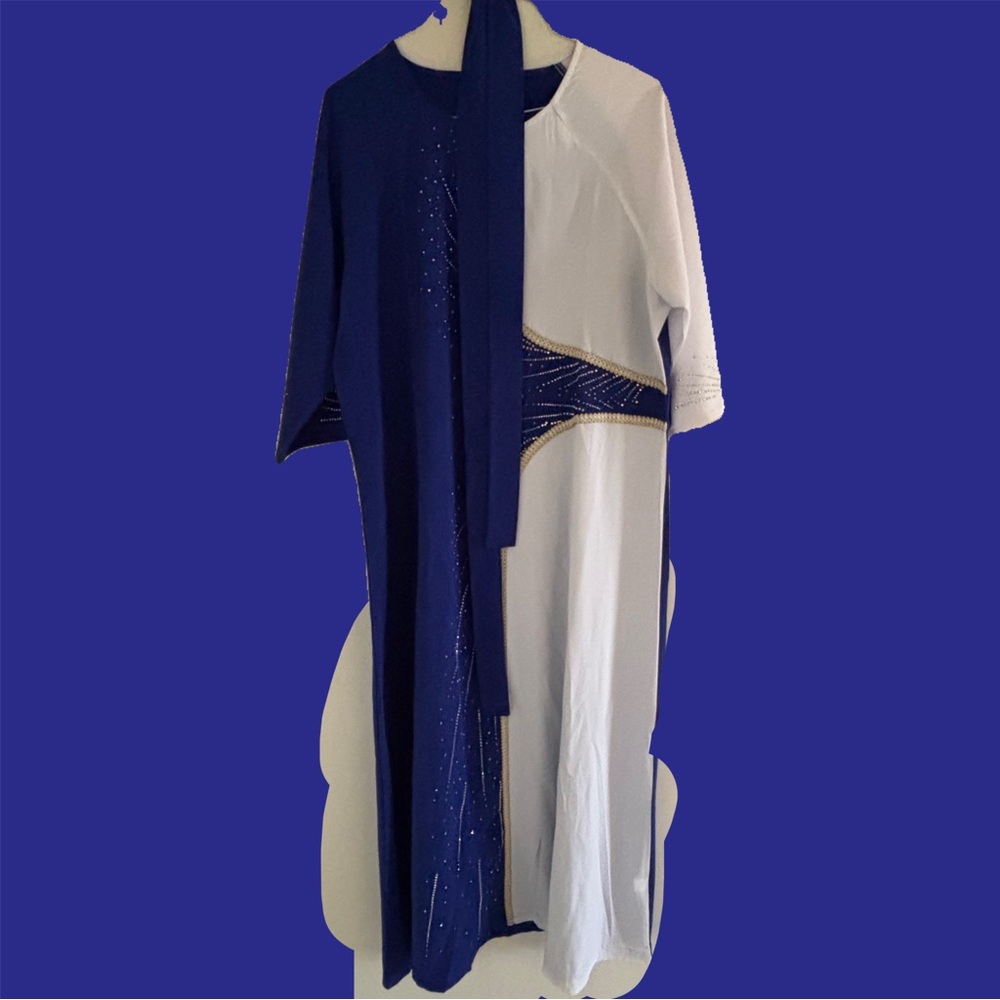 Elegant Blue and White Dress with Gold Accents